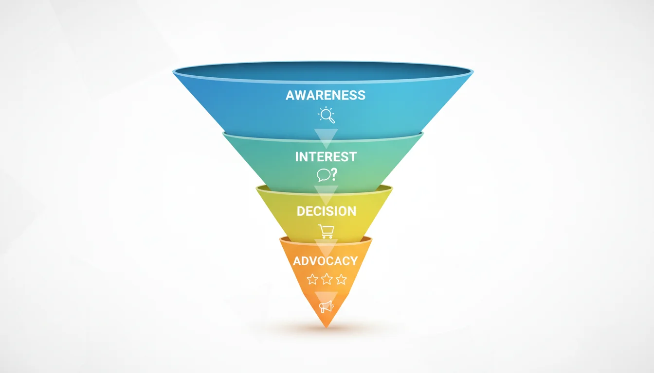 A modern, sleek infographic depicting a marketing conversion funnel based on the AIDA framework (Awareness, Interest, Decision, Advocacy). Show the funnel visually narrowing from a wide top (Awareness) to a smaller bottom (Advocacy), with clear labels for each stage and possibly subtle arrows or flow lines indicating customer progression.