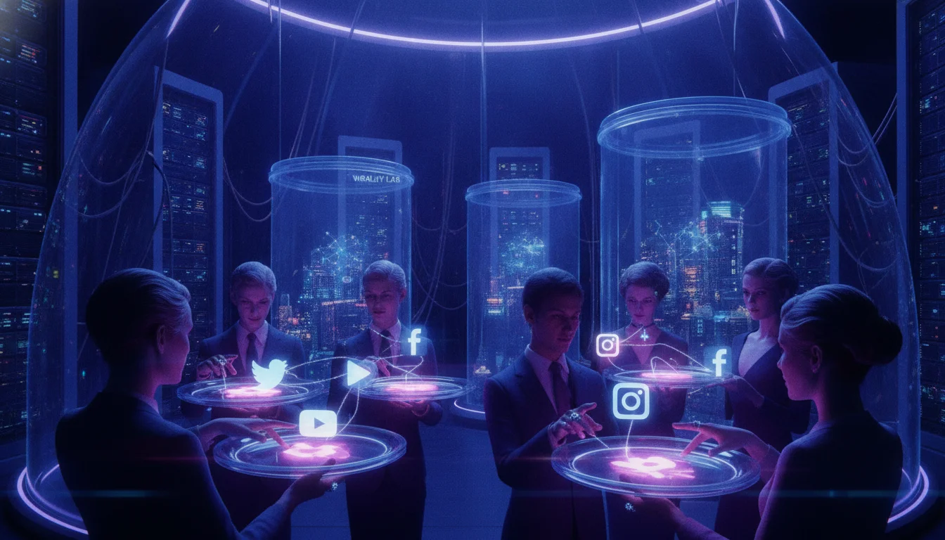A surreal, high-contrast digital illustration of a 'Tupperware Party' occurring inside a futuristic glass data center. Sophisticated guests are interacting with glowing social media icons on plates, representing the engineering of social environments for virality. The lighting is cinematic, deep blues and neon purples.