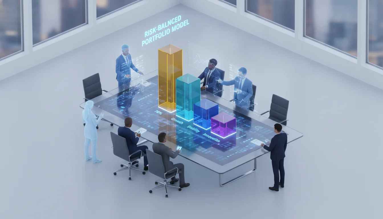 A 3D isometric infographic showing a sleek corporate boardroom table where the surface is a glowing digital dashboard. A physical 70-20-10 ratio bar chart made of translucent acrylic blocks (gold, blue, and violet) is being analyzed by holographic business leaders, representing a risk-balanced portfolio model.