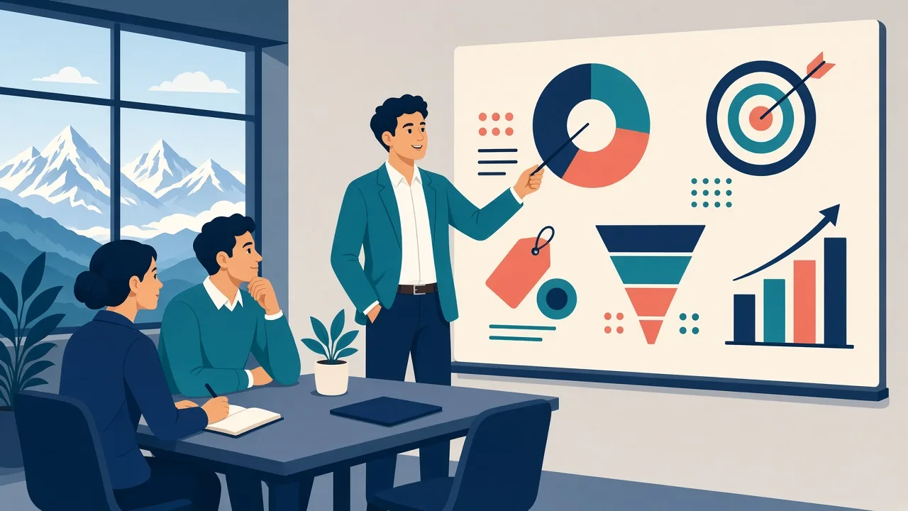 A new manager presenting a marketing strategy board with segments, pricing and growth charts