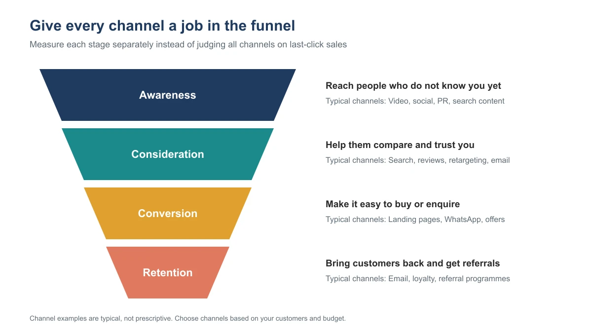 Four-stage marketing funnel: awareness through video, social, PR and search content; consideration through search, reviews, retargeting and email; conversion through landing pages, WhatsApp and offers; retention through email, loyalty and referral programmes