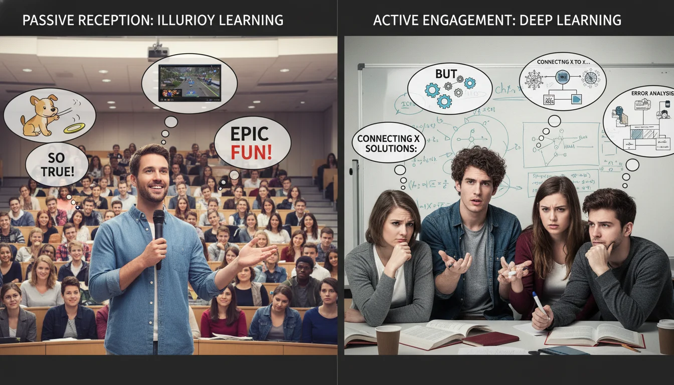 A split image or comparison. On one side, students passively listening to a charismatic lecturer, looking engaged but with thought bubbles showing shallow understanding or entertainment. On the other side, a small group of students actively collaborating on a challenging problem, looking focused and perhaps a little frustrated, but with thought bubbles showing deep problem-solving and critical thinking. The overall tone should contrast 'illusory learning' vs. 'deep learning' or 'passive reception' vs. 'active engagement'.