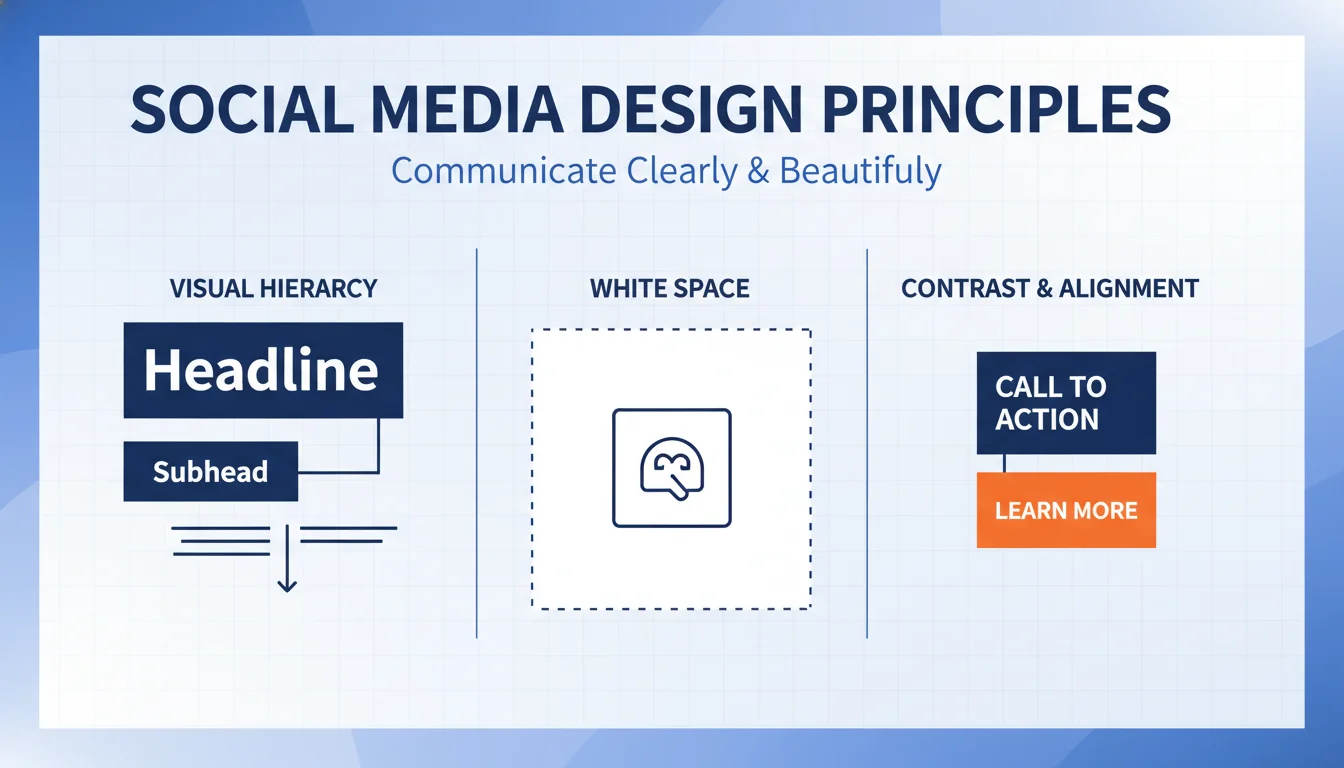 A visually striking graphic illustrating core design principles for social media. The image should subtly yet clearly depict concepts like clear visual hierarchy (e.g., a large, bold headline leading the eye), ample white space (negative space) around elements, perfectly aligned text and images, and strong color contrast to highlight key information. The composition should convey simplicity, order, and effective communication for a digital context.