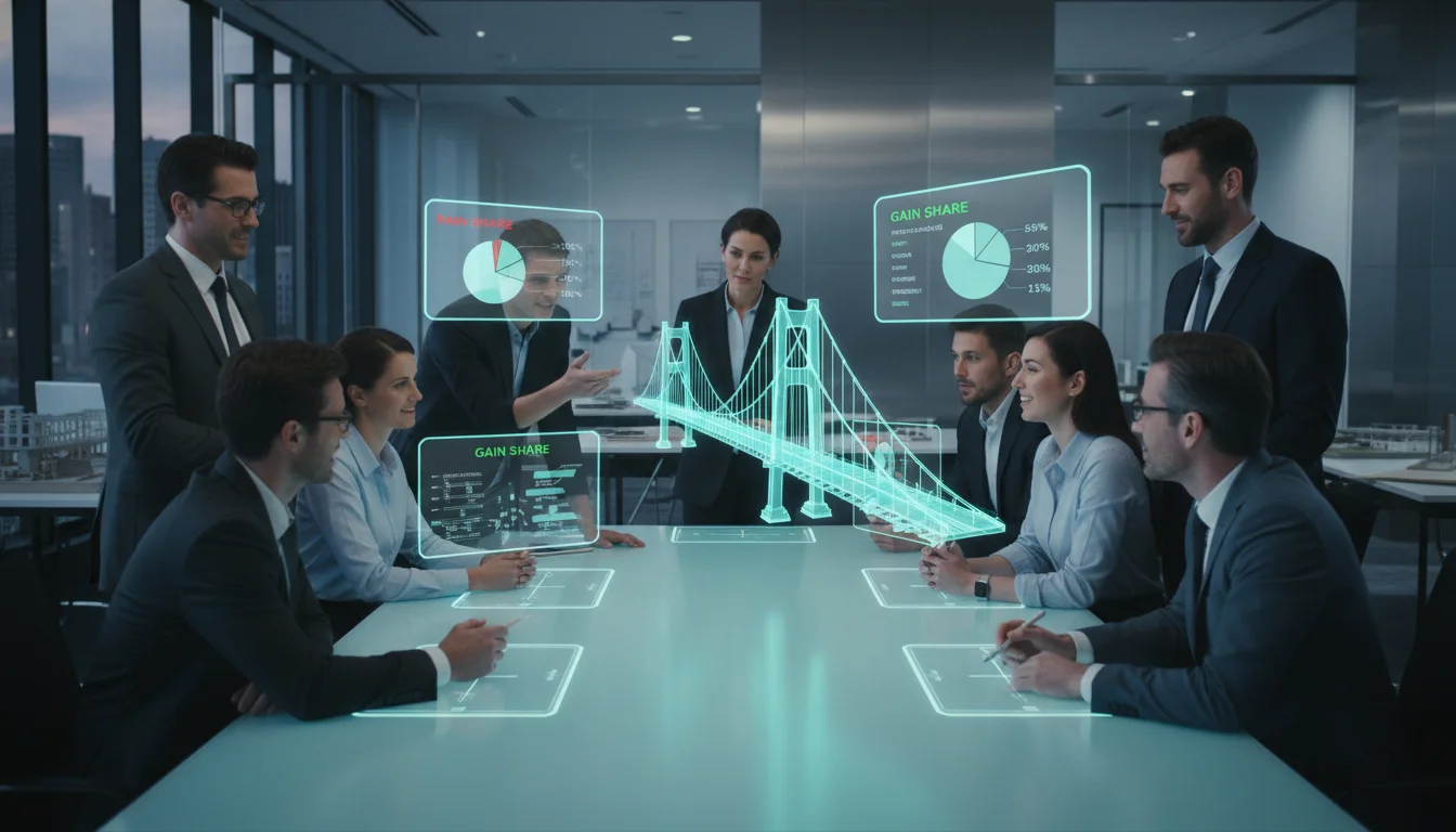 A professional and collaborative workshop setting where diverse architects, engineers, and financial analysts are gathered around a high-tech glowing table. They are interacting with a shared 3D hologram of a bridge, with floating digital charts showing 'pain-gain' share ratios. The mood is trust-filled and transparent, photorealistic style, architectural firm aesthetic.