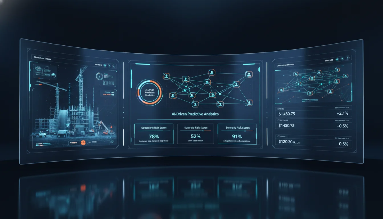 A futuristic digital command center interface for a construction project. The screen shows complex AI-driven predictive analytics, including risk scores for various bidding scenarios, network graphs of supply chains, and real-time commodity price tickers for steel and concrete. Sleek dark UI with vibrant neon data visualizations, 8k resolution.