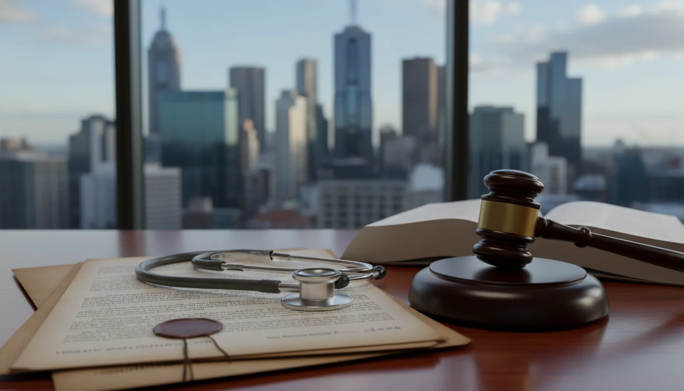 A high-quality, professional image featuring a stethoscope resting on legal documents and a wooden gavel, set against a blurred background of the Melbourne city skyline through a office window, representing the intersection of medicine and law.