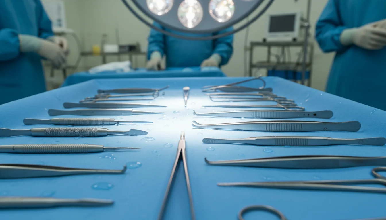 A cinematic, high-definition close-up of surgical steel instruments—scalpels, clamps, and forceps—arranged precisely on a sterile blue tray under the bright, focused beam of an operating theater light, reflecting the technical precision and risks involved in complex surgery.