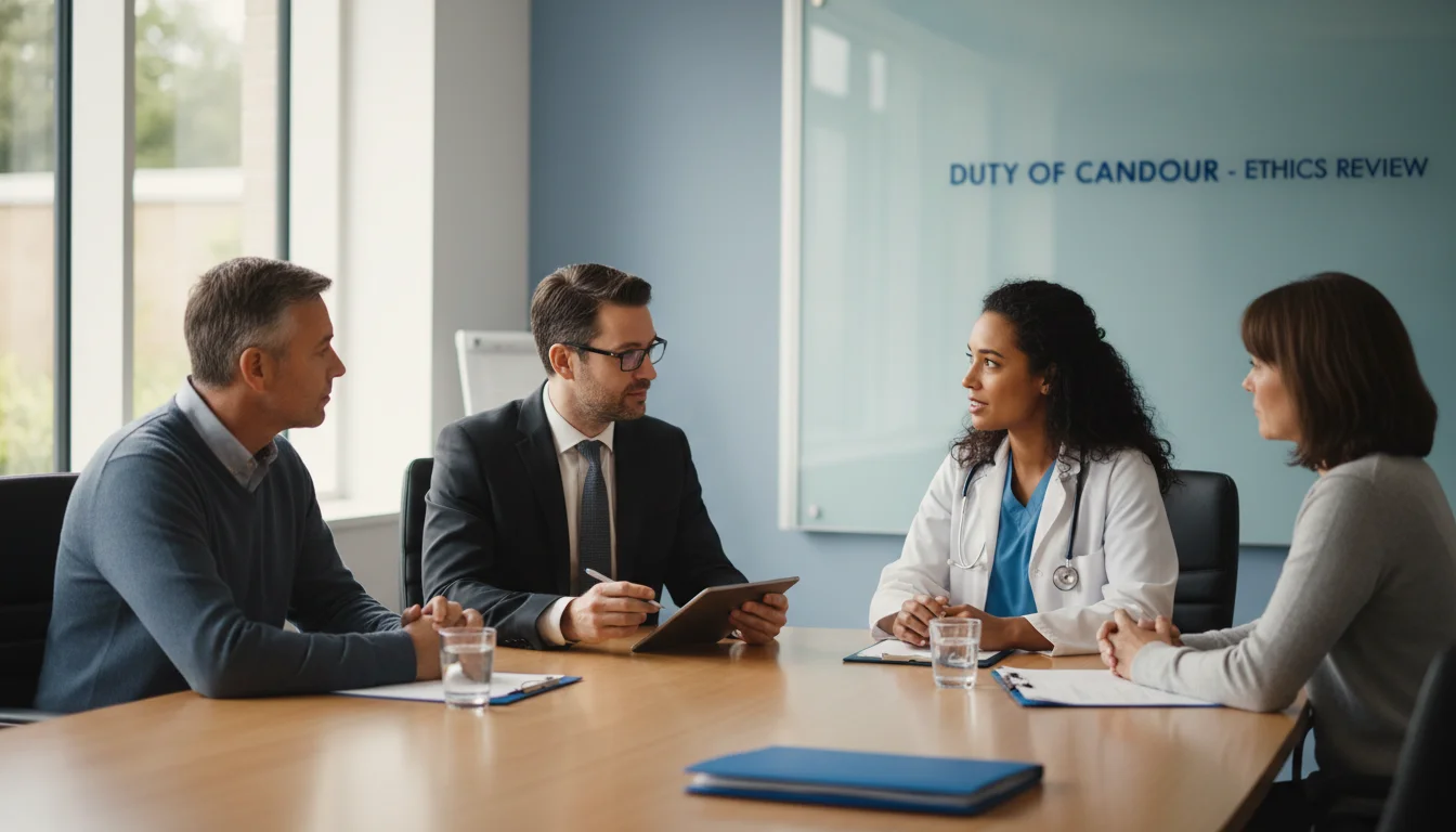 An evocative, professional photo of a diverse medical ethics committee or a 'Duty of Candour' meeting, featuring a doctor and legal advisor speaking with a patient in a light-filled, modern hospital meeting room, conveying themes of transparency, communication, and mutual respect.