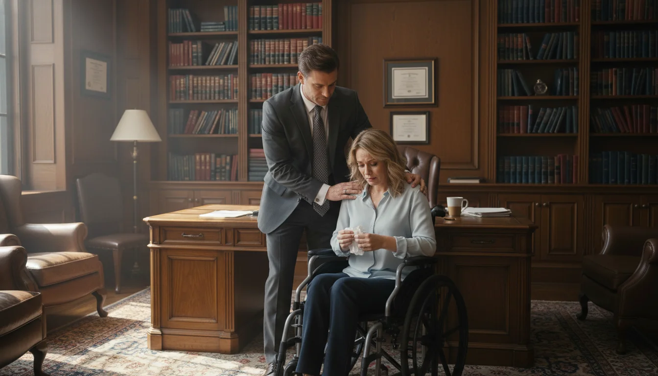 An intimate, emotionally powerful scene of a professional attorney in a warm, wood-paneled office listening intently and placing a supportive hand on the shoulder of a distraught client in a wheelchair, soft natural sunlight, cinematic quality.