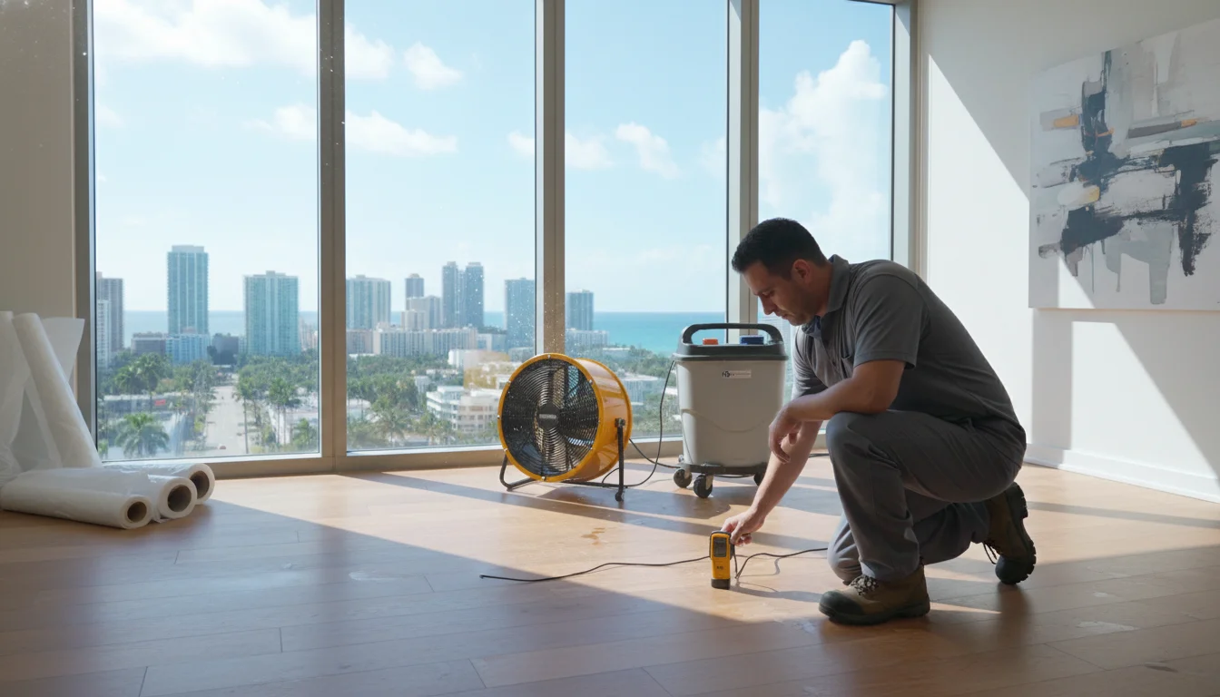 A professional restoration technician in a modern Miami home using moisture meters and industrial drying equipment, subtle flood damage on floors, view of the Miami skyline through a window, hyper-realistic, 8k resolution.