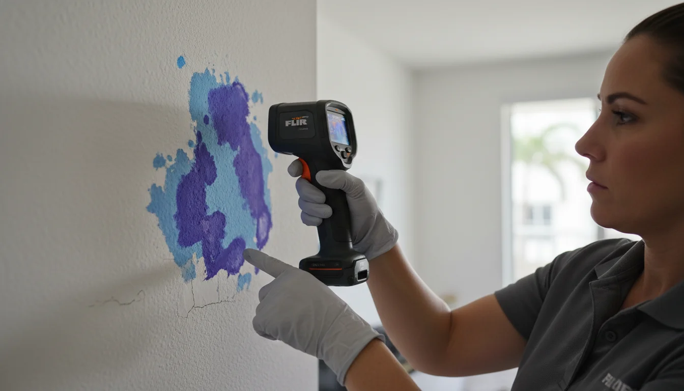 A close-up shot of a professional restoration contractor using an infrared thermal imaging camera on a Miami apartment wall. The screen of the camera shows bright blue and purple patches indicating hidden moisture behind the drywall. Highly detailed, cinematic lighting, 8k resolution.