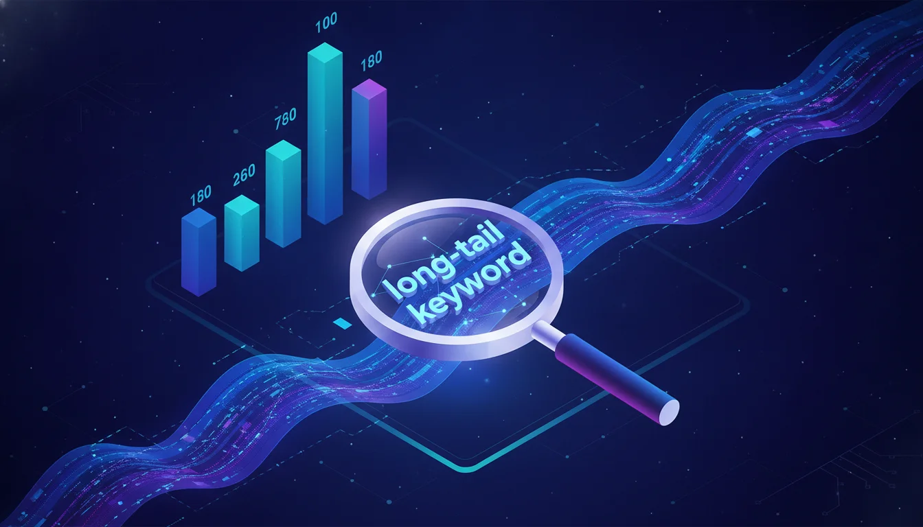 An abstract digital illustration representing App Store Optimization (ASO). A magnifying glass focuses on a glowing 'long-tail keyword' floating in a data stream of blue and violet code. 3D bar graphs and search rank numbers rise from the background in a clean, tech-inspired isometric layout.