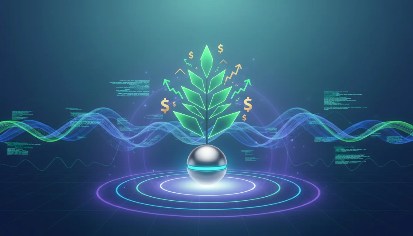 A minimalist, futuristic graphic illustration showing a small, glowing software icon or server with money symbols or a growing plant (evergreen) emanating from it, set against a backdrop of flowing code or digital streams. Emphasize automation and passive growth, with a subtle 'vibe coding' energy pulsating around the icon.