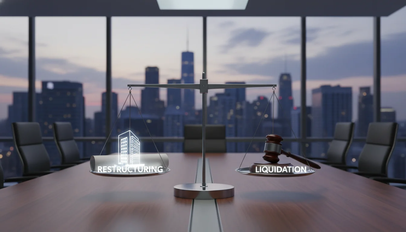 A professional and minimalist conceptual image showing a scale balancing a Restructuring architectural blueprint against a Liquidation gavel, set in a modern high-rise boardroom overlooking a city skyline at dusk. High-quality corporate aesthetic.