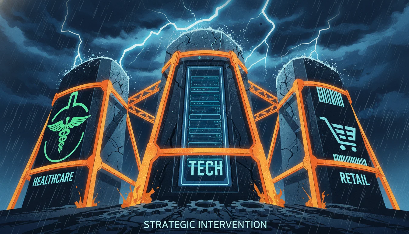 A conceptual, high-contrast illustration of several abstract industry silos (representing tech, healthcare, and retail) being supported by glowing orange structural beams against a dark, stormy sky. This visualizes the effort to shore up distressed sectors through strategic intervention.