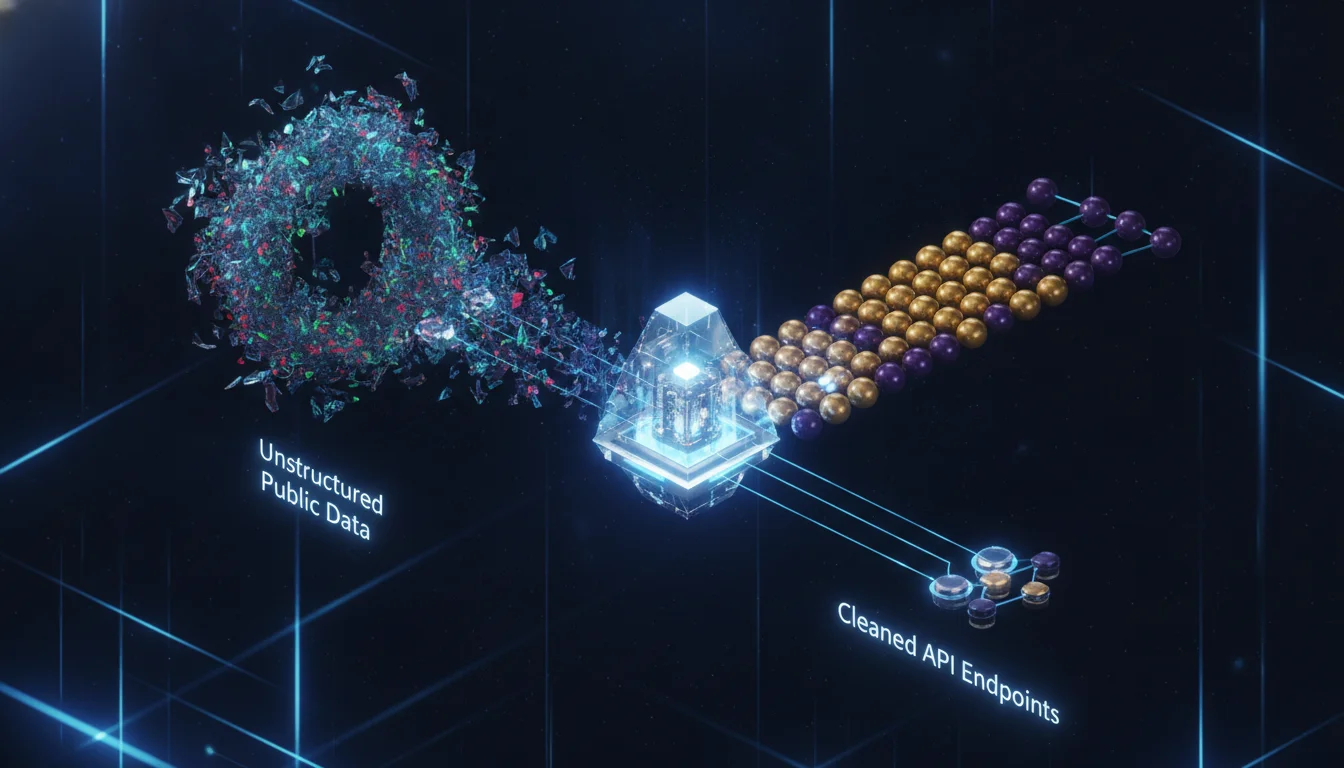A conceptual 3D illustration of data transformation. On the left side, chaotic, translucent shards of raw digital data (labeled 'Unstructured Public Data') enter a glowing, high-tech 'Cleansing Filter' node. On the right side, the data emerges as perfectly organized, glowing gold and purple spheres labeled 'Cleaned API Endpoints'. Professional isometric view with a dark background and neon blue lighting.