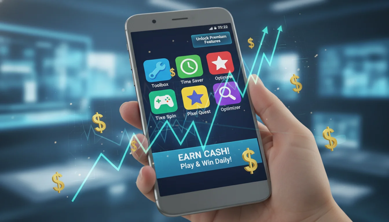 A close-up of a smartphone screen displaying various simple Android app icons (utility tools, casual games), with digital ad banners strategically placed on the screen. Overlayed are subtle upward-trending financial charts and dollar signs, symbolizing revenue and passive income. A person's hand is holding the device in a modern, clean digital environment.