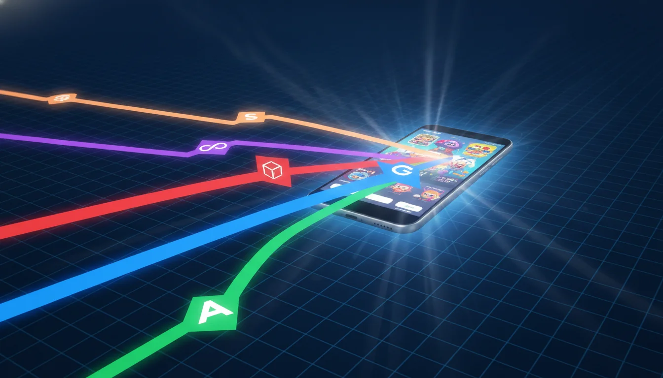 An abstract visualization of ad mediation. Multiple lines or arrows representing different ad networks (e.g., Google AdMob, Unity Ads, Meta Audience Network, AppLovin MAX, SmartyAds/InMobi, each with a subtle logo or distinct color) converging towards a central smartphone screen, which is displaying an ad. The lines should appear to be 'competing' or 'bidding' to fill the ad slot, with some lines appearing more prominent, symbolizing higher eCPM bids. The background should be clean and digital.