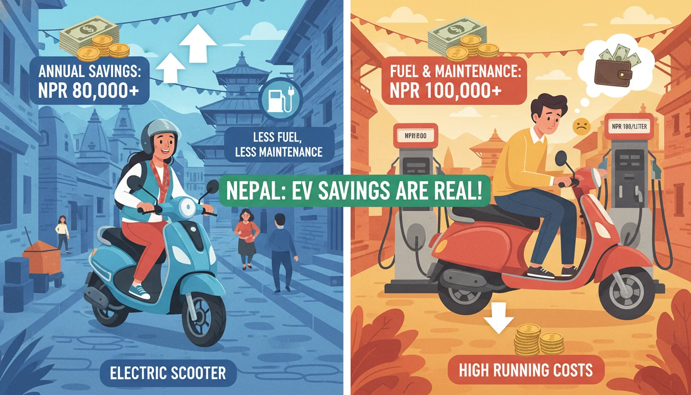 A graphic visualization comparing the annual cost savings of owning an electric scooter versus a petrol scooter in Nepal. Show a split screen or overlaid elements: one side depicting a person happily riding an electric scooter with symbols of savings (money, fewer trips to gas station), and the other side showing a person looking concerned at a petrol pump with rising fuel costs. Highlight the significant financial benefit of EVs in a clear, infographic style, set against a backdrop of everyday Nepalese urban life. Focus on clear data representation.