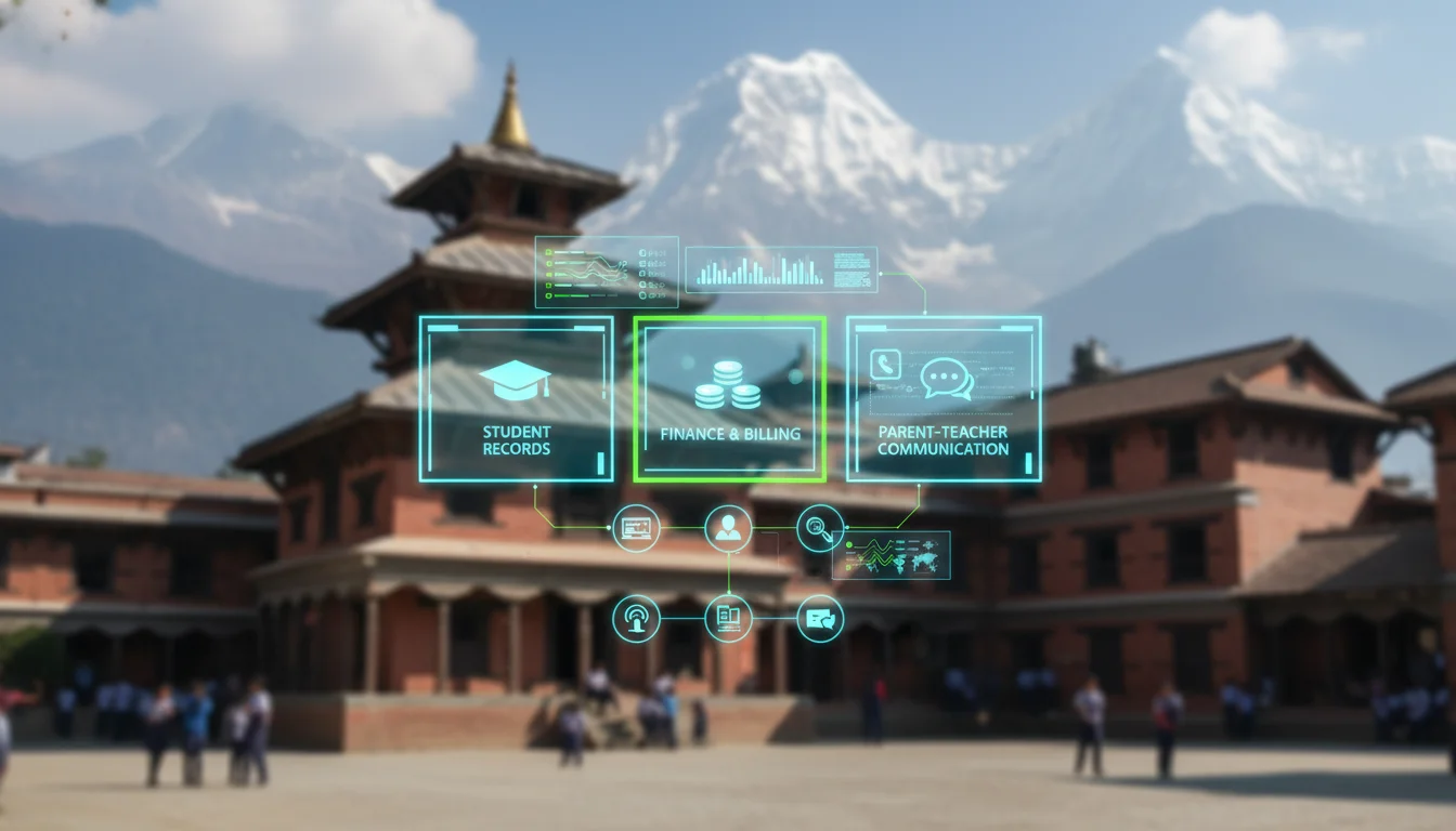 A vibrant, modern digital interface showcasing school management software functions (like student records, finance, communication) overlaid on a blurred background of a traditional Nepalese school building with mountains, symbolizing digital transformation in education.