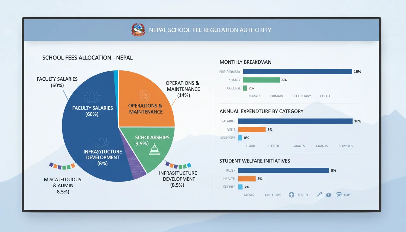 A clean, modern digital dashboard displaying a pie chart and bar graphs illustrating the mandated breakdown of school fees in Nepal (e.g., 60% for faculty, 14% for operations, 9.5% for scholarships). The dashboard should have subtle Nepalese cultural design elements. The overall aesthetic should be professional and clear.