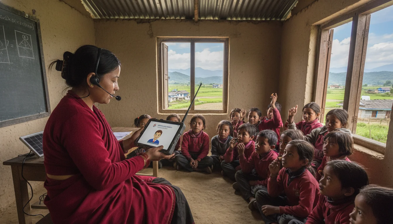 A dynamic image showing a Nepalese teacher actively engaging with a mobile-based coaching platform in a rural school setting, surrounded by engaged students, with symbols of low-connectivity (e.g., a simple, robust device) and a subtle backdrop of rural Nepal. Focus on technology enabling professional development.