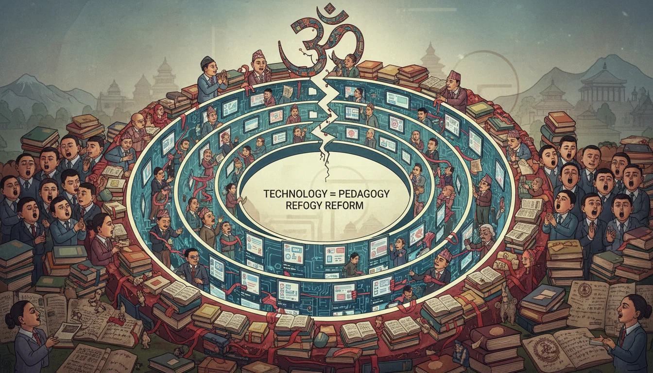 A symbolic illustration representing the 'Nepali Veda Loop' – perhaps a labyrinth or an endless cycle depicted with elements of traditional Nepalese education (e.g., rote learning, textbooks) blending with modern but repetitive digital interfaces, showing students or educators feeling constrained by a system that prioritizes bureaucracy over genuine learning. The image should convey frustration with an unaddressed gap between technology and pedagogical reform.