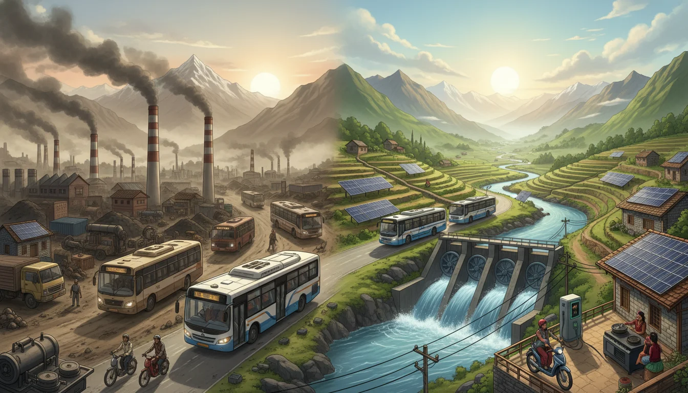 Illustrate Nepal's energy transition: On one side, a scene depicting old, fossil-fuel powered vehicles and industrial smoke. On the other, a vibrant landscape showing modern hydroelectric dams, arrays of solar panels on terraced fields and rooftops, electric buses, and locals utilizing clean energy solutions. Emphasize the harmony of renewable technology with Nepal's natural, mountainous environment.
