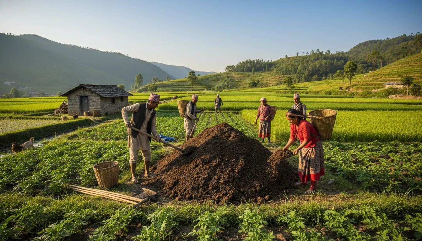 Depict Nepalese farmers actively engaged in organic manure production and application. Show a farmer turning a vermicompost pile, another spreading rich, dark organic compost on healthy fields. Include elements like traditional farming tools, lush green crops, and a sense of sustainable, community-driven agriculture in a rural Nepalese setting.