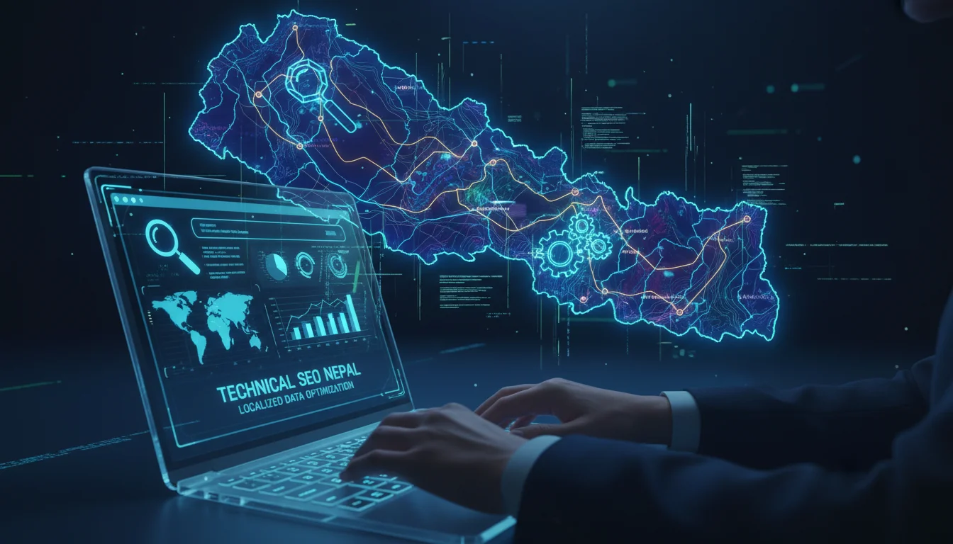 A stylized digital map of Nepal with glowing lines representing data flow and network connections, overlaid with SEO symbols like a magnifying glass, gears, and code. In the foreground, hands are working on a laptop displaying website analytics. The scene should convey complexity, technology, and localization for technical SEO in Nepal.