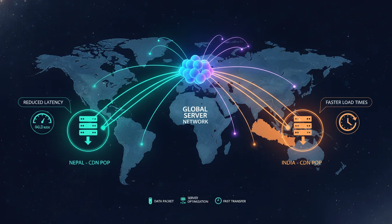 A visual representation of data packets traveling from a global server network to local CDN points of presence in Nepal and India, emphasizing reduced latency and faster load times. Show a stylized map with glowing lines, and icons representing fast data transfer and server optimization, with a focus on regional data flow.