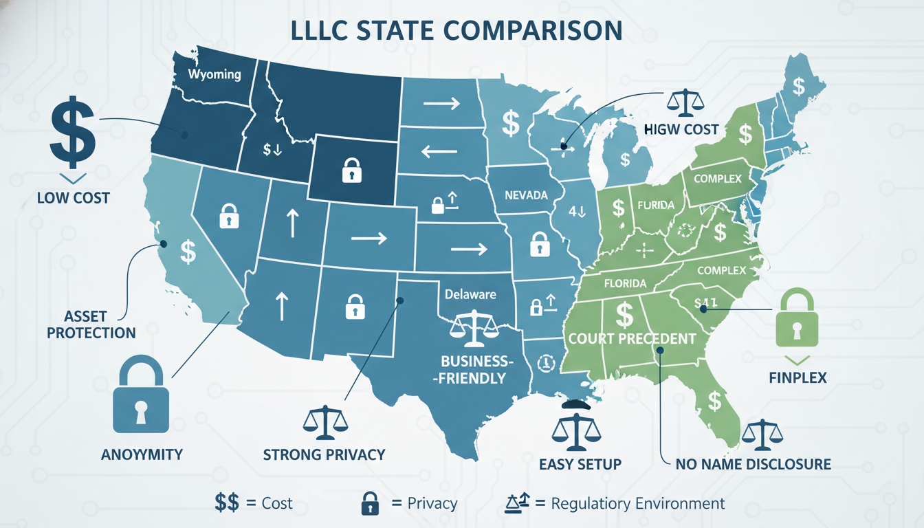 An infographic style image illustrating a map of the United States with various states highlighted, each with icons representing key LLC characteristics: a dollar sign for cost, a padlock for privacy, and legal scales for regulatory environment. Emphasize states like Wyoming, New Mexico, and Delaware, showing arrows pointing to different features. Clean, modern, digital art style.