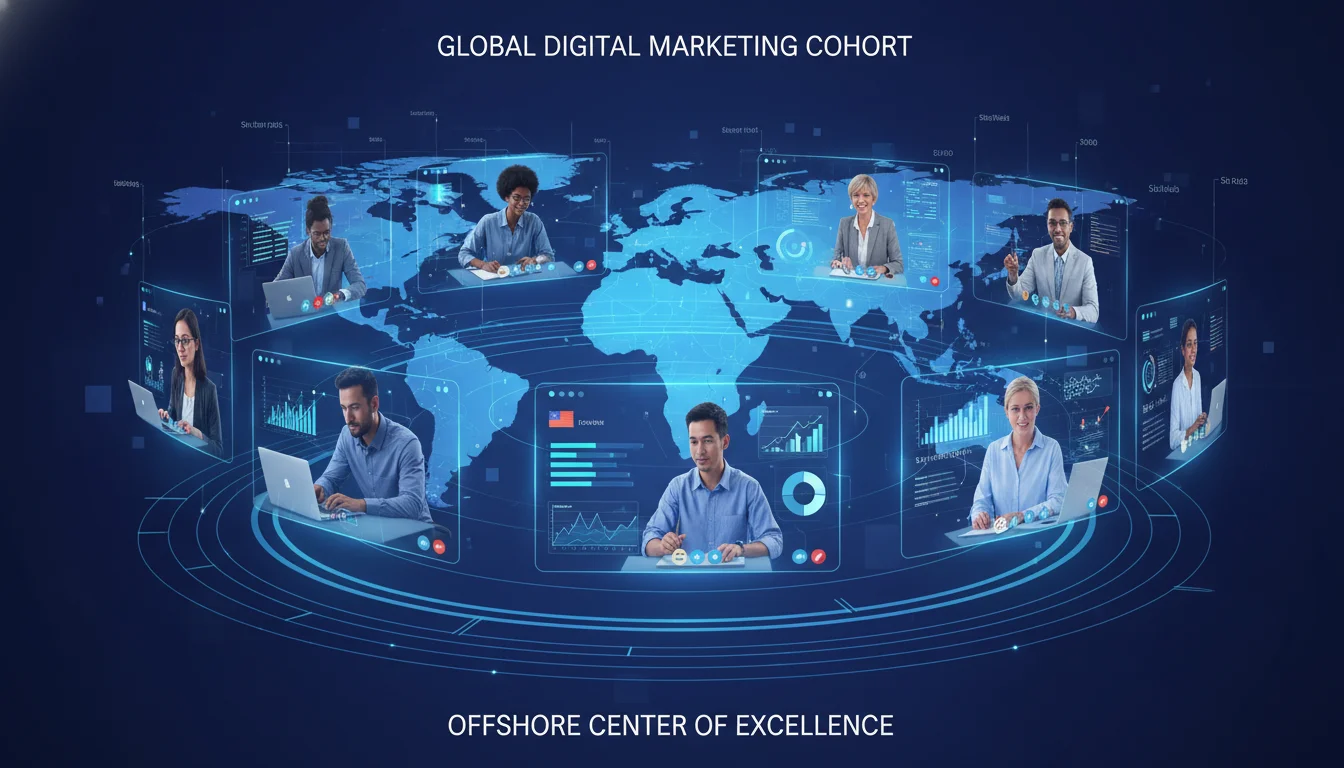 A stylized depiction of a global digital marketing team collaborating across continents. Show digital interfaces connecting diverse professionals, a subtle world map in the background, representing a sophisticated offshore marketing Center of Excellence. Modern, professional aesthetic.