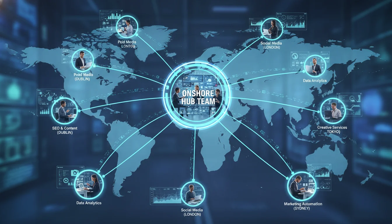 A visual representation of a "hub-and-spoke" operating model for a digital marketing CoE. Show a central "hub" (onshore team) with lines radiating out to various "spokes" (offshore specialized teams) located around the world. Emphasize collaboration and information flow, with digital interfaces and diverse professionals. Professional, modern, and interconnected.
