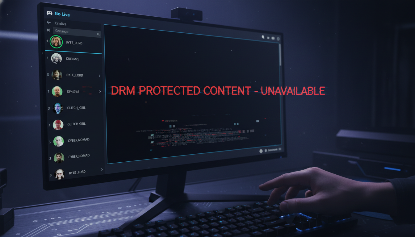 A user's desktop screen displaying Discord with a 'Go Live' stream active, showing friends' avatars in voice chat. The main content area of the stream is a black screen with an overlay indicating 'DRM Protected Content' or a subtle glitch effect, representing the challenge of digital rights management. A person's hand is subtly reaching for a keyboard, suggesting a technical workaround. Dark, techy atmosphere, focused on the screen and subtle defiance.