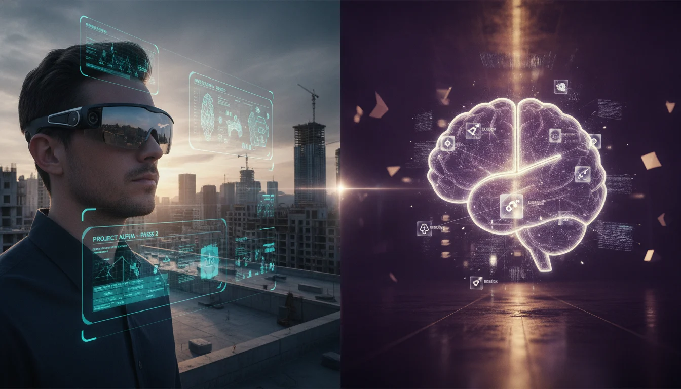 A split-screen cinematic view: on one side, a person wearing sleek AR smart glasses looking at a complex architectural site with data overlays; on the other, a digital brain icon in 'Contemplating Mode' showing multiple internal reasoning agents collaborating in a holographic workspace, vibrant purple and gold lighting.
