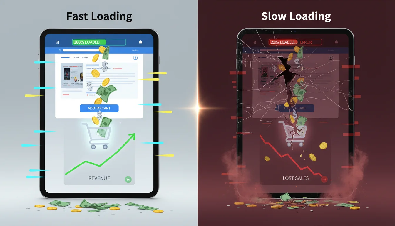 A conceptual image showing the direct correlation between website loading speed and e-commerce conversion rates. Visualize a fast-loading website interface with elements of money (coins, dollar signs) flowing smoothly into a shopping cart or revenue graph, contrasted with a slow-loading, broken interface where money is visibly leaking or dropping. Use modern digital aesthetics, vibrant colors, and subtle data visualization elements like speed lines or progress bars. Focus on the financial impact of digital velocity.