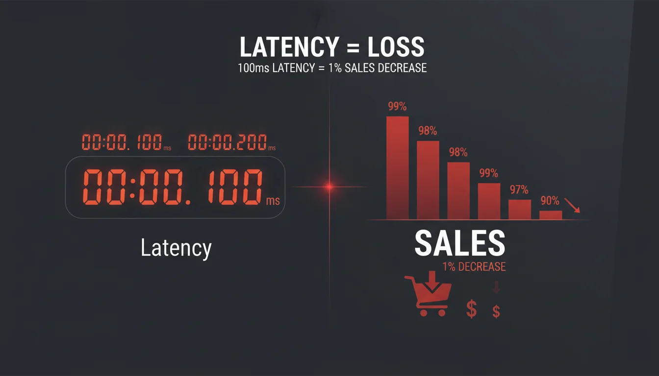 A clean, modern infographic illustrating the concept of '100 milliseconds of latency equals 1% decrease in sales.' Visualize a digital timer rapidly counting up by 100ms, with a corresponding animated bar chart or financial graph visibly declining. Incorporate subtle e-commerce elements like a faint shopping cart icon or dollar signs diminishing. Use a color palette that emphasizes urgency and loss, with sleek data visualization.