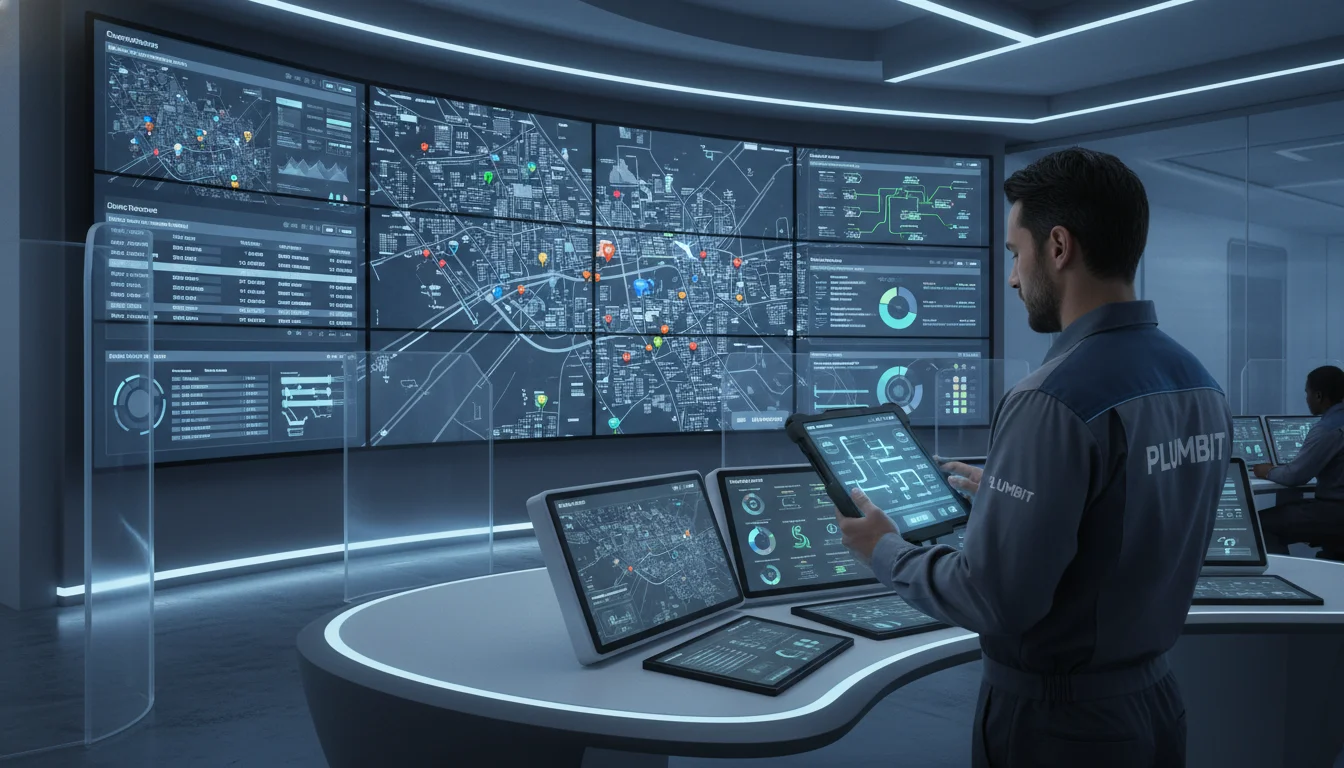 A modern, high-tech plumbing dispatch center with multiple screens displaying maps, schedules, and fleet tracking. Digital dashboards show data analytics and automated routing. A plumber technician in a uniform stands in the foreground, interacting with a tablet. The overall image should convey efficiency, automation, and advanced technology in field service management.