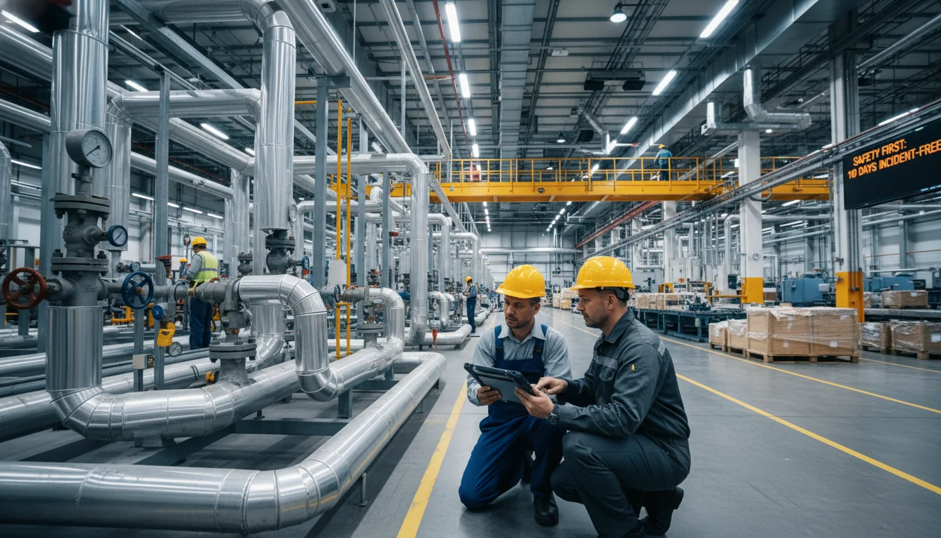 A detailed scene showing a plumber technician working in a large, complex industrial facility (like a manufacturing plant or distribution center), perhaps interacting with facility management, with a tablet showing compliance forms. The background should hint at the vastness and complexity of commercial infrastructure, possibly with other trades (HVAC, electrical) in the distance, conveying a sense of intricate coordination and strict operational environments.