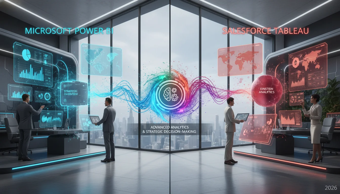 A futuristic comparison graphic contrasting Microsoft Power BI and Salesforce Tableau in an agency setting. Show two distinct, modern interfaces representing each platform, with data streams flowing and intertwining, hinting at complex analytics. Professionals are interacting with the data, possibly in a collaborative, high-tech office environment. Emphasize strategic decision-making and advanced data visualization. Clean, professional, 2026 aesthetic.