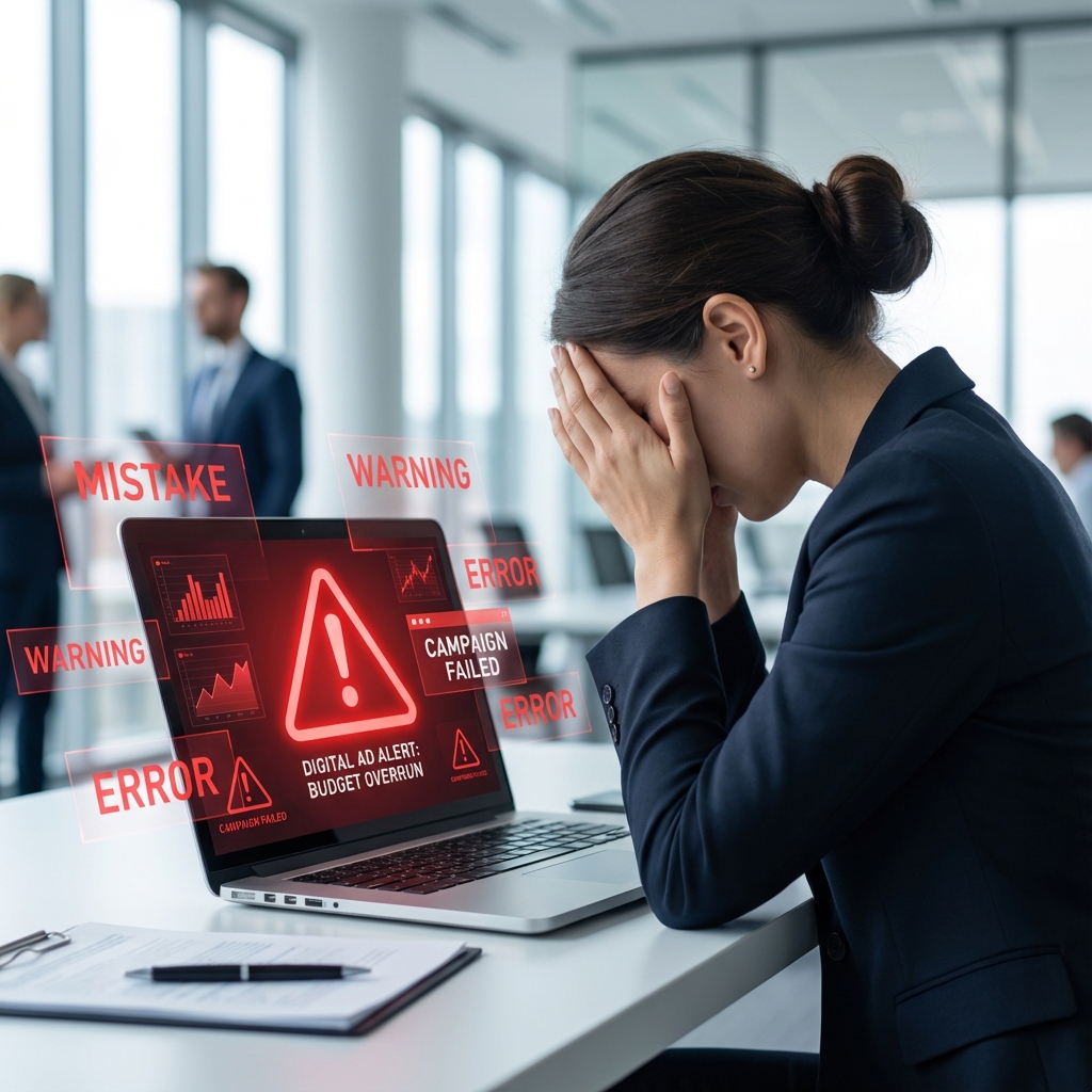 Frustrated business owner looking at a failed PPC dashboard, symbolizing costly PPC mistakes in Nepal.