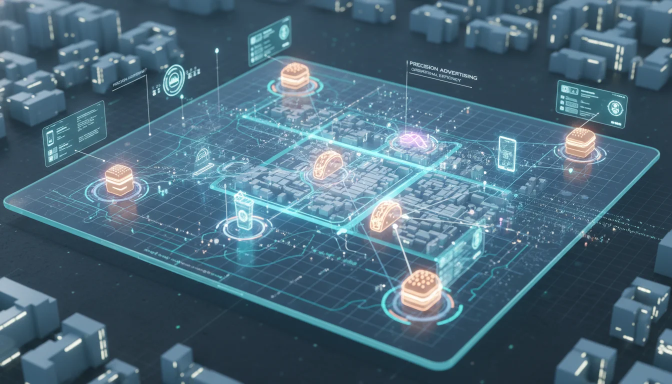 An overhead view of a city map with multiple QSR restaurant icons, surrounded by glowing geofence zones. Digital data streams and target symbols connect the zones to mobile devices and restaurant interfaces, illustrating precision advertising and operational efficiency. Futuristic, clean design.