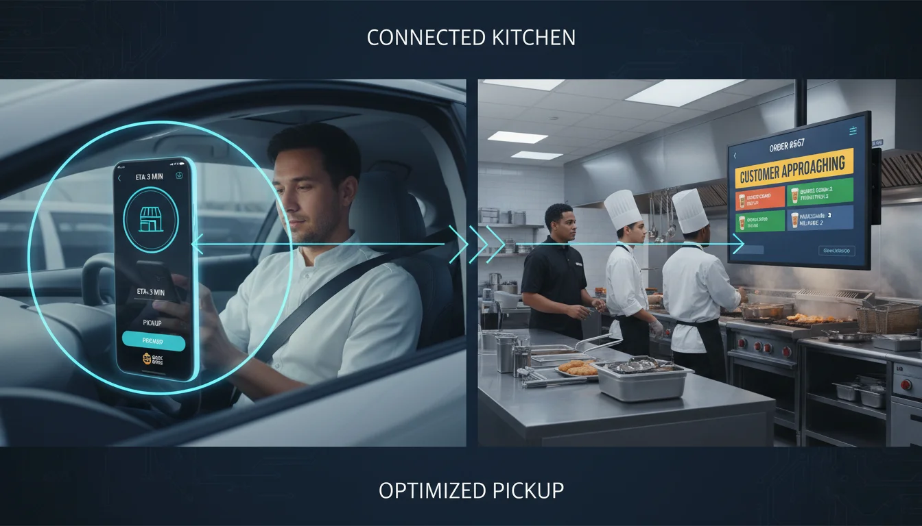 A split image or infographic showing two parallel scenes. On one side, a customer driving a car, looking at a mobile phone displaying a QSR app with an ETA for pickup, with a dynamic geofence around the restaurant. On the other side, a QSR kitchen with staff looking at a Kitchen Display System (KDS) showing an incoming order and 'customer approaching' alert. Connect the two scenes with digital data flow arrows. Modern, efficient, operational tech style.