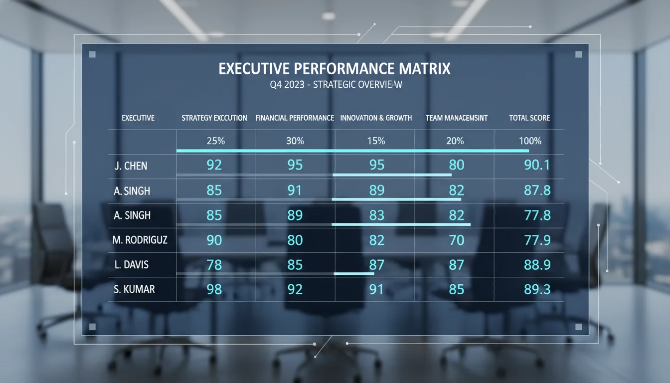 A sophisticated digital dashboard showing a weighted scoring matrix for corporate executives. Glowing numerical data points and percentage weights are overlaid on a clean, high-tech interface. The aesthetic is professional, using deep blues and silver tones, set against a blurred background of a modern glass-walled boardroom.