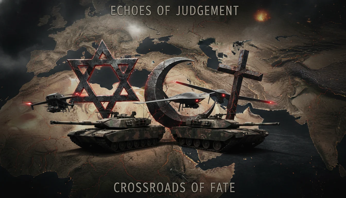 A dramatic, high-contrast image depicting the intersection of ancient religious symbols (e.g., Star of David, Crescent Moon, Christian cross) with modern military hardware (tanks, drones) overlaid on a stylized map of the Middle East, conveying conflict and prophetic convergence, dark and serious tone.