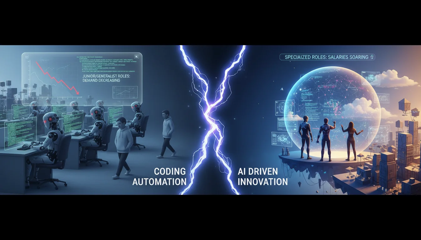 A split visual representing the bifurcation of the tech talent market due to AI. On one side, simple, repetitive coding tasks being automated by glowing AI bots, leading to declining demand for junior/generalist roles. On the other side, highly specialized AI/ML engineers, cloud architects, and system designers with higher salaries, working on complex, innovative projects. Use contrasting visuals to show the two distinct paths.