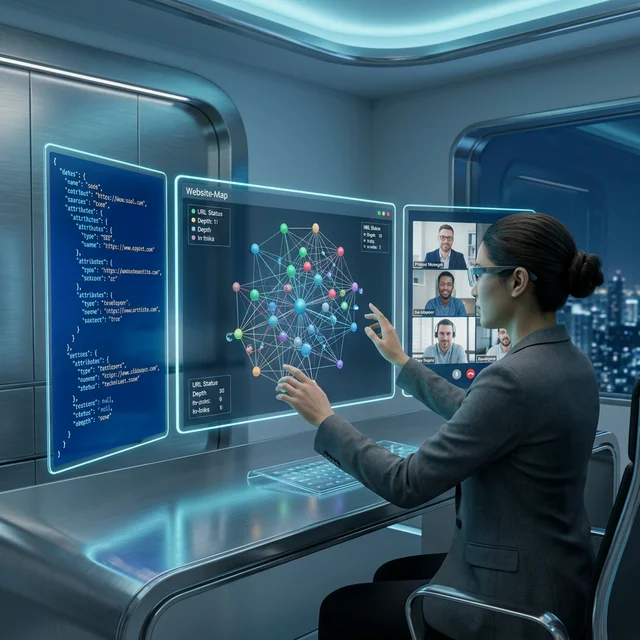 Professional SEO specialist performing a technical audit on a multi-screen setup