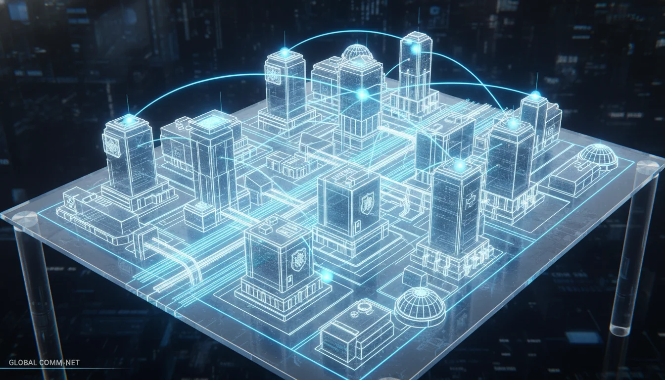 An intricate 3D architectural blueprint of a city showing interconnected nodes of a communication network, with glowing blue lines representing fiber optics and microwave backhaul connecting police stations, hospitals, and traffic control centers. Clean, high-tech, semi-transparent aesthetic.