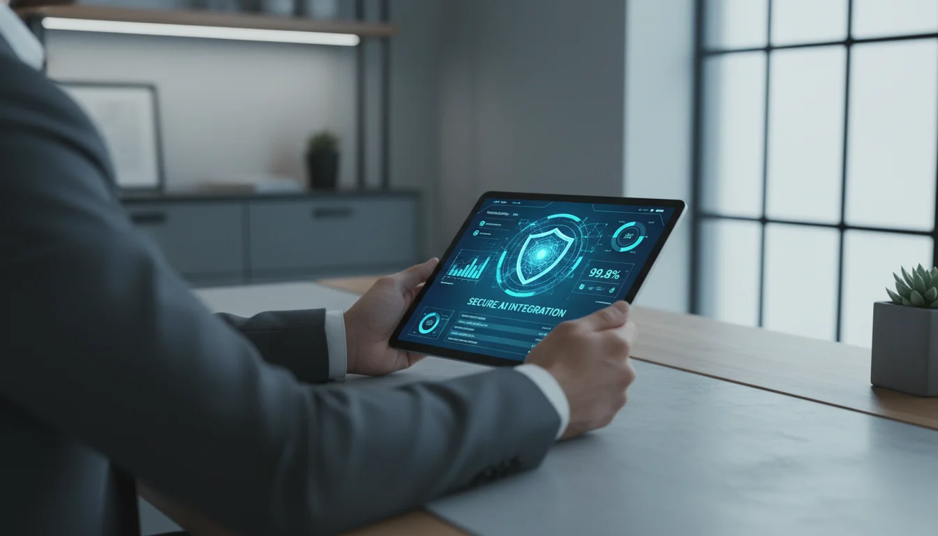 A modern, minimalist office setting where a professional is using a tablet that displays a futuristic AI-driven security dashboard. The dashboard features complex data charts and neural network icons within a secure shield boundary, symbolizing safe AI integration in the workplace. Soft, professional lighting.